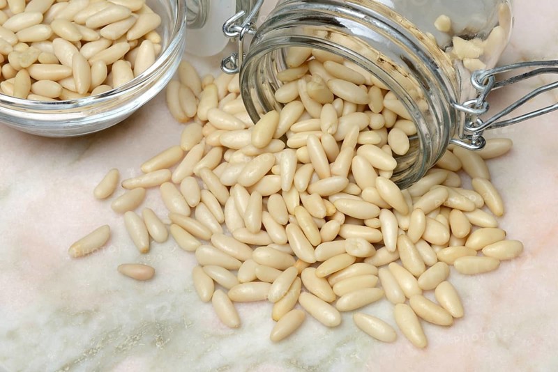 Pine nuts in glass containers, Pinus pinea