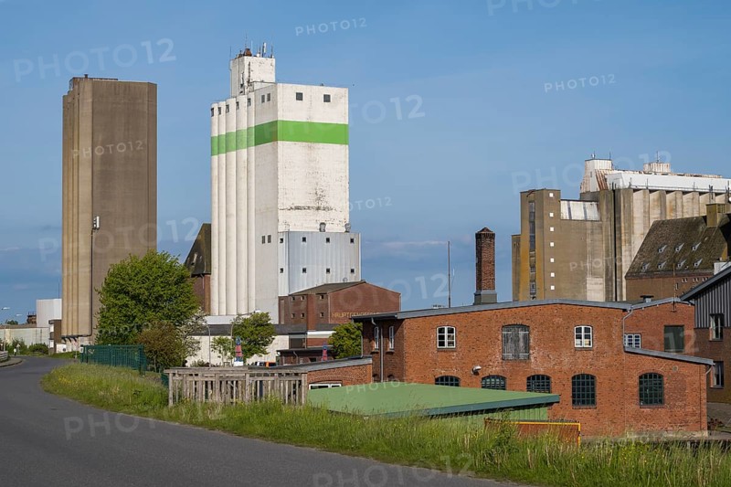 Grain silos, warehouses, land trade, outer harbour, Husum, North Frisia, North Sea, Schleswig-Holstein, Germany