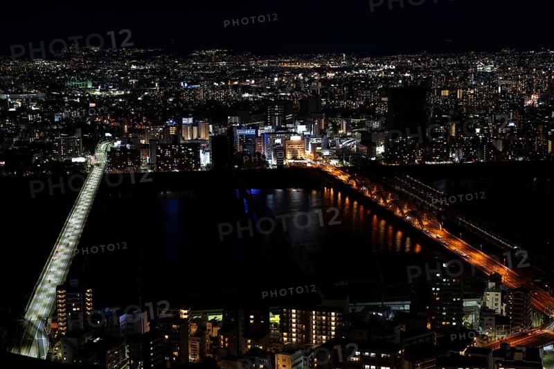 Osaka skyline at night, river, bridges, Kita-ku, Osaka, Osaka Prefecture, Japan