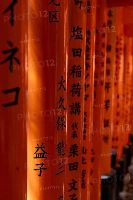 Inscriptions on columns of torii arches, Fushimi-ku, Kyoto, Kyoto Prefecture, Japan