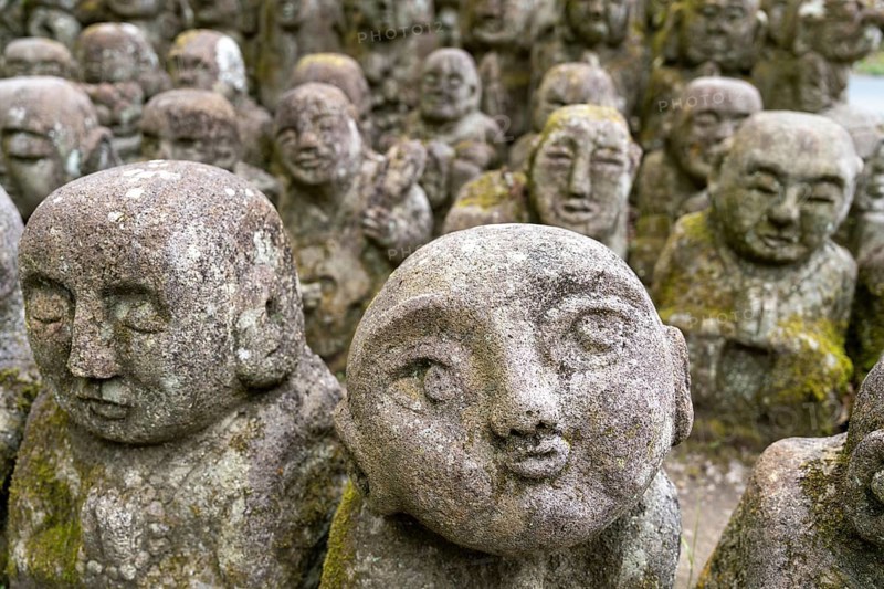 Rakan statues at Otagi Nenbutsuji Temple, stone, moss-covered, Ukyo-ku, Kyoto, Kyoto Prefecture, Japan
