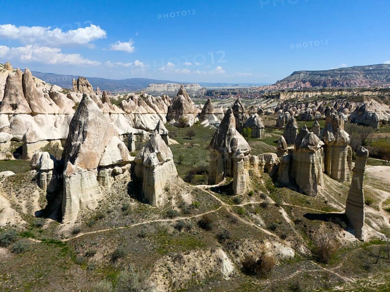 Rock formations and a breathtaking natural panorama in Cappadocia, aerial view, Love Valley, Göreme National Park, Göreme Tarihî Millî Parki, Nevsehir province, Nevsehir, Cappadocia, Cappadocia, Cappadocia, Cappadocia, Central Anatolia, Turkey