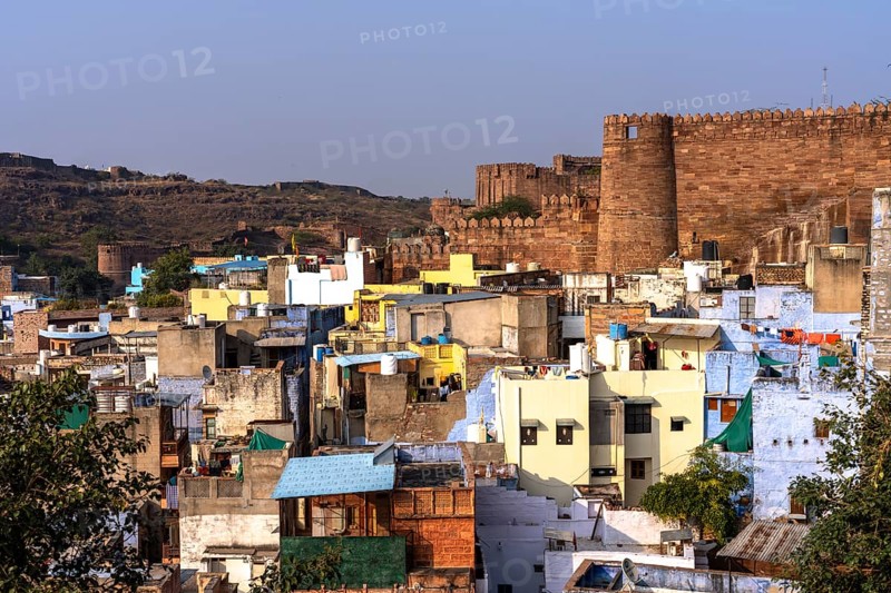 Mehrangarh Fort, above colourful houses, Blue City, Gulab Sagar, Jodhpur, Rajasthan, India
