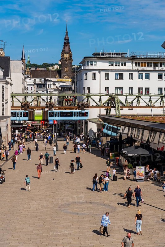 The Wuppertal suspension railway arrives at the Döppersberg stop in the city centre of Wuppertal, Germany