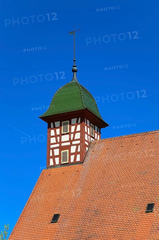 Stud Museum at the Lauterquelle, building, architecture, excursion destinations, small tower, half-timbered, roof, roof shingles, Offenhausen, municipality of Gomadingen, Swabian Alb, Baden-Württemberg, Germany