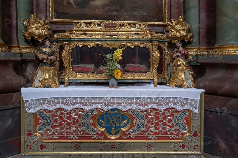 Reliquary sarcophagus of St Lucianus, catacomb saint, Abbey Church of the Assumption of the Virgin Mary, Rohr, Lower Bavaria, Germany