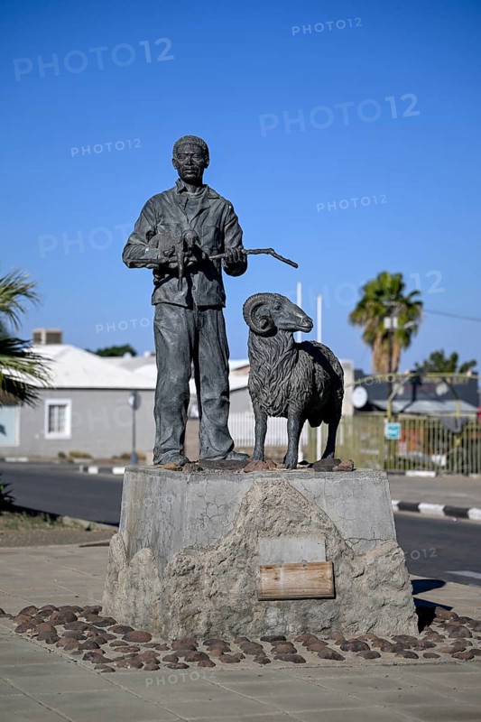 Karakul monument by artist Christina Salvoldi from 2007 to commemorate the 100th anniversary of the Karakul fur industry, bronze sculpture, Keetmanshoop, Karas Region, Namibia