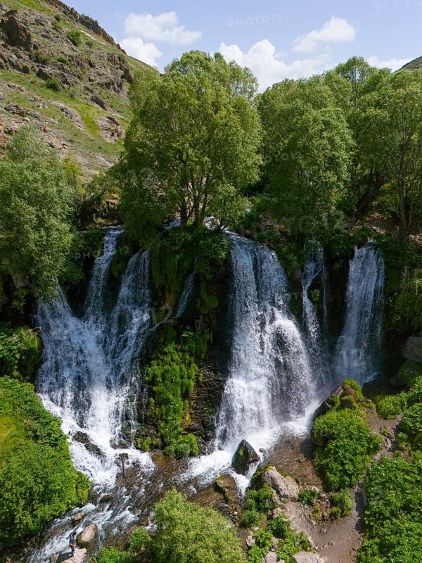 Large waterfall in mountainous surroundings with lush vegetation, aerial view, Shaki waterfall, Shaki, Syunik province, Armenia
