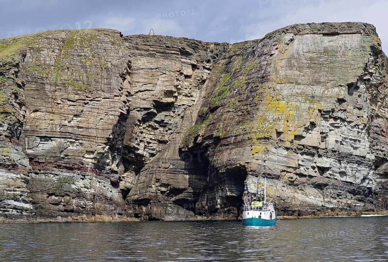 Boat in front of massive cliffs in the sea under a cloudy sky, Noss, Shetland Islands, Scotland, United Kingdom
