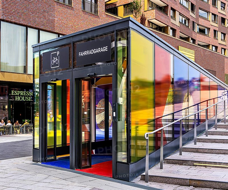 Westfield, access to the bicycle car park and the architecture at the new Hamburg shopping centre, Überseeplatz, Hamburg, Germany