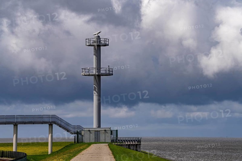 Radar tower, on the North Sea coast near Eemshaven, monitors shipping traffic on the coast, entrance to the Ems estuary, Wadden Sea off Borkum, Netherlands