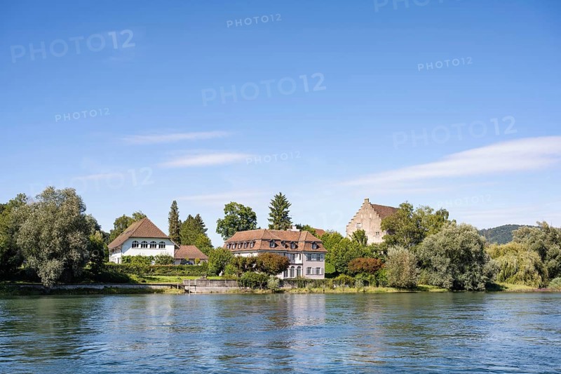 View over the Rhine, Hochrhein to the historic Bibermühle mill near Rheinklingen, Canton Thurgau, Switzerland