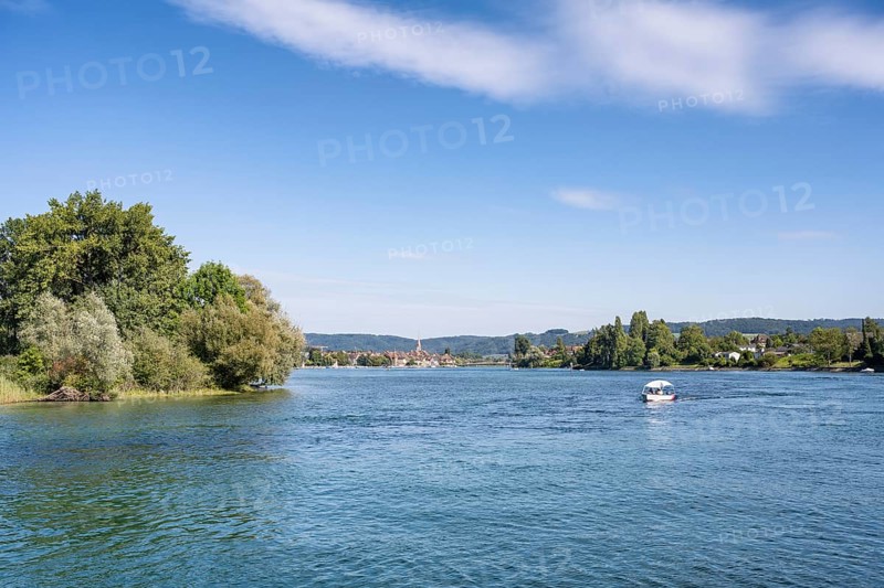 View over the Rhine, Hochrhein, on the horizon the town of Stein am Rhein, Canton Schaffhausen, Switzerland