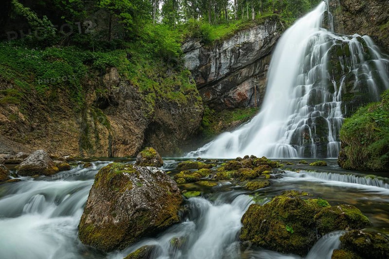 Summer nature experience at the Golling waterfall with lots of water, Golling an der Salzach, Austria