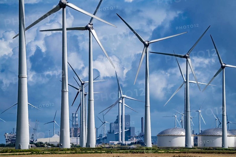 Wind farms Westereems and Growind, in the north of the Netherlands, near Eemshaven, energy centre, in addition to wind energy there are coal and gas-fired power plants and various energy infrastructure facilities, Netherlands