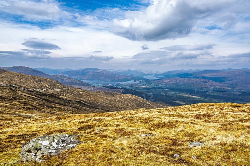 View from Nevis Range Mountains, Grampian Mountains, Fort William, Highland, Lochaber, Scotland, UK