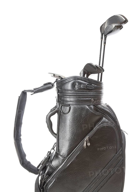 Black leather golf bag with A set of golf clubs isolated on a white background