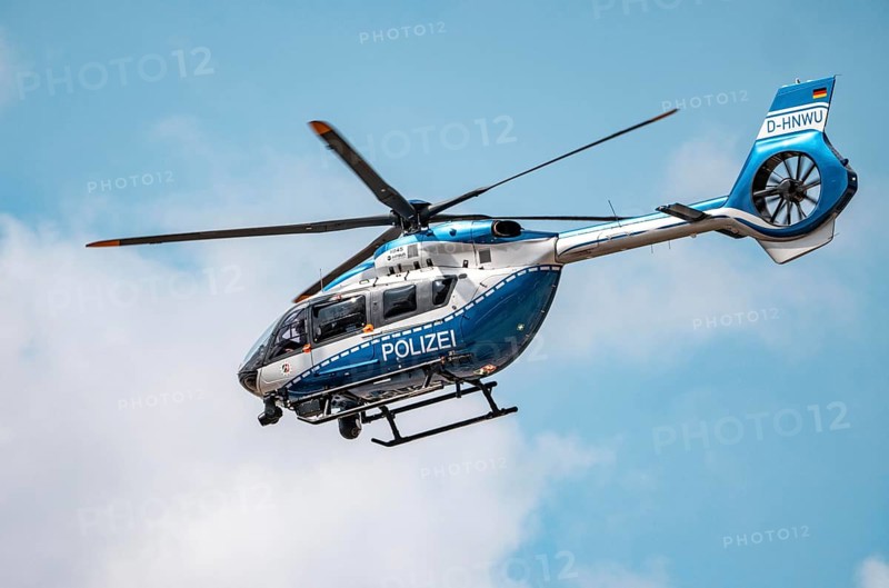 Police helicopter, Airbus Helicopters H145, of the North Rhine-Westphalia State Police, after take-off at Düsseldorf Airport, Police Air Wing