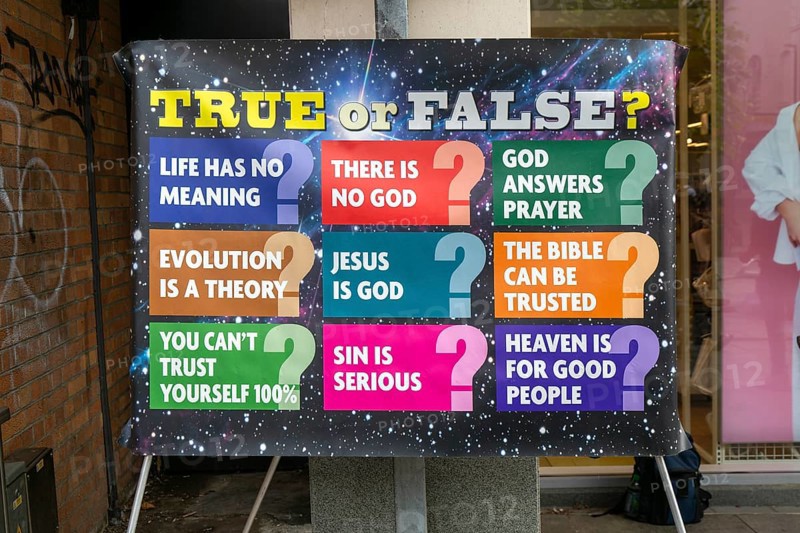 OAC Evangelists religious poster of questions about Christianity and God, Torquay, Devon, England, UK