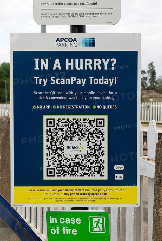 ScanPay QR Code operated by Apcoa parking at Pewsey railway station, Wiltshire, England, UK