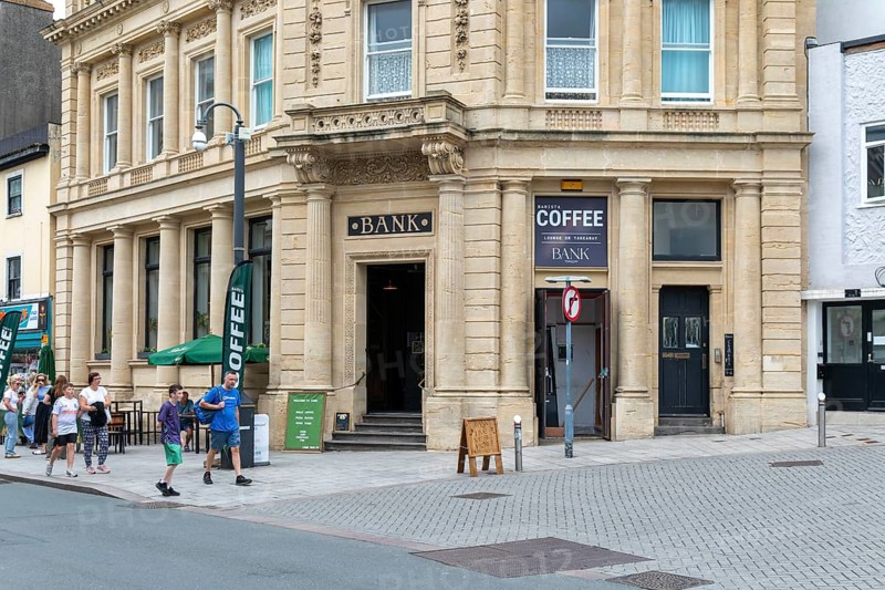 Historic former Bank building from 1889, Fleet Street, Torquay, Devon, England, UK
