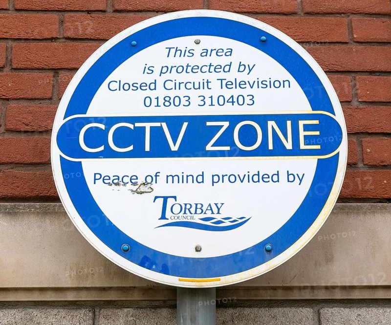 CCTV zone closed circuit television surveillance sign, Torbay Council, Torquay, Devon, England, UK