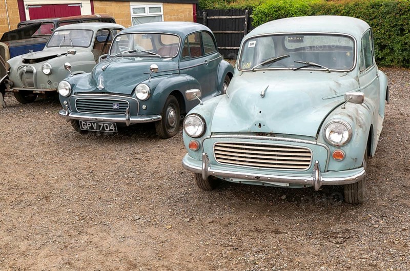 Morris Minor 1000 saloon cars late 1950s on display at auction, UK