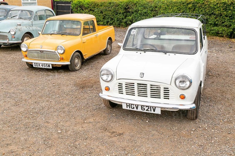 Austin Morris Mini 1000 pick-up vehicle and Leyland Mini 95 pick-up vehicle c 1979 - 1980 on display at auction, UK