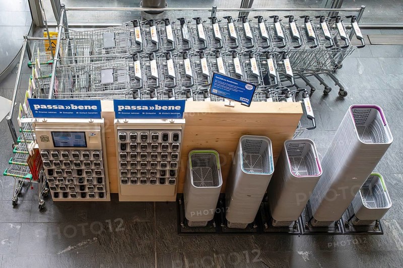 Coop scanner station Shopping baskets Shopping trolleys, Interlaken, Bern, Switzerland