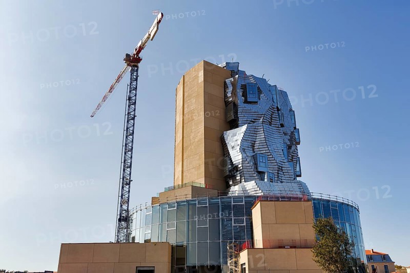 Construction crane, LUMA cultural centre building, construction site in 2018, architect Frank Gehry, Arles, France