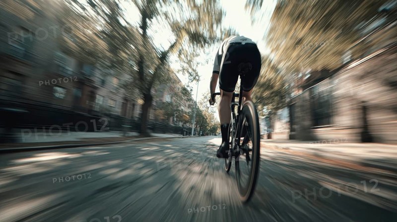 A cyclist, racing cyclist riding his racing bike fast on a road through a rural area, motion blur, speed, accident risk, AI generated, AI generated
