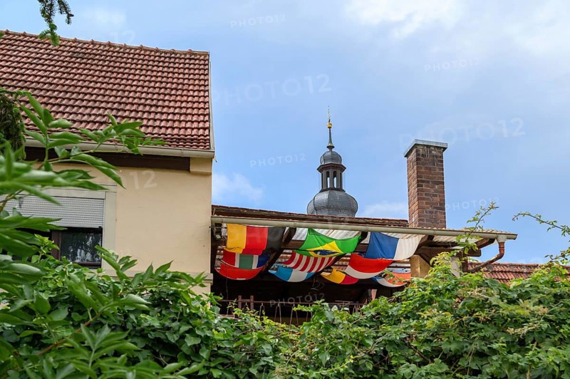 International flags stretched on a balcony, Bavaria, Germany