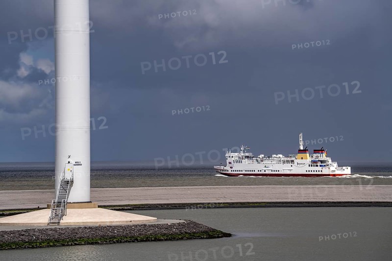 The North Sea car ferry Münsterland, departs from the ferry harbour of Eemshaven, in the Ems estuary, ferry to the German North Sea island of Borkum, by AG Ems Nederland B.V., Borkumlijn, Netherlands
