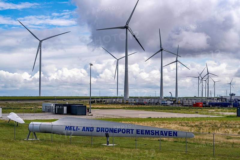 Helicopter and drone port, humicopter landing site, drone take-off and landing site at Eemshaven harbour, Ems estuary, Netherlands