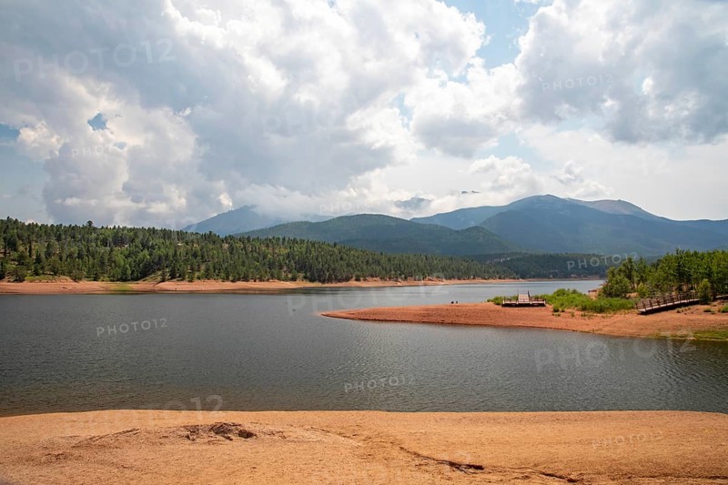 Colorado Springs, Colorado - Crystal Reservoir on Pikes Peak. The reservoir stores water for Colorado Springs, piped 70 miles from the Blue River near Breckenridge. Colorado Springs has a dry climate, getting only 15 inches of rainfall a year