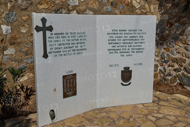 HMS Intrepid, British warship, Greek warship AT Olga, memorial plaque with inscription and cross in memory of fallen soldiers, photos relating to WW2, Battle of Leros, Lakki, Leros, Dodecanese, Greek Islands, Greece