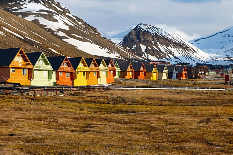 Colourful wooden houses in Riehe, Longyearbyen, Spitsbergen, Svalbard