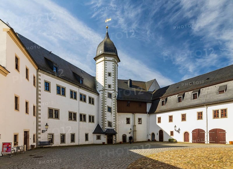 Castle courtyard with stair tower Schlanke Margarete, Wildeck Castle in Zschopau, Erzgebirge, Saxony, Germany