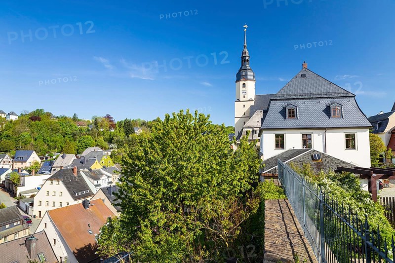 Town view from the town wall with St Martin's Church, Zschopau, Erzgebirge, Saxony, Germany