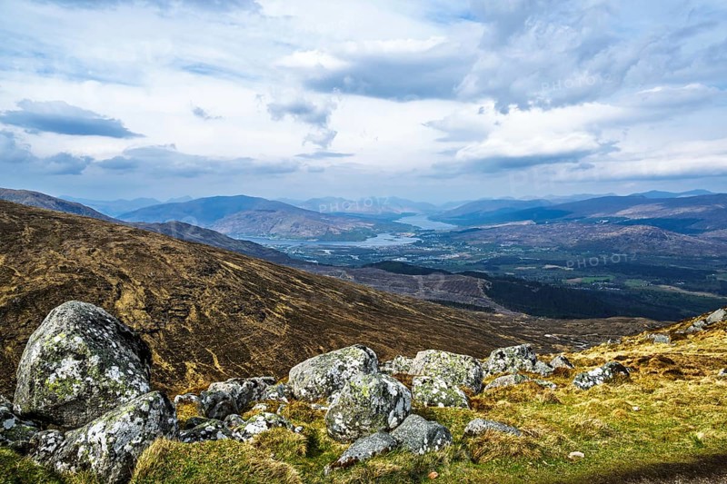 View from Nevis Range Mountains, Grampian Mountains, Fort William, Highland, Lochaber, Scotland, UK