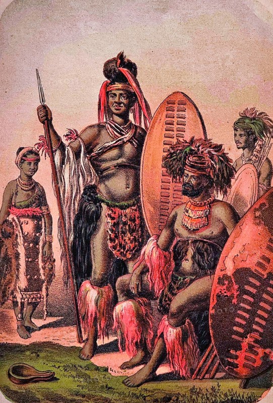 Zulu warrior, colonialism, discriminatory term of the English for the indigenous population, discrimination, oppression, colonial rule, British Empire, Victorian era, 19th century, headdress, spear, loincloth, leg ornament, shields, barefoot, coloured drawing, South Africa, historical illustration 1877
