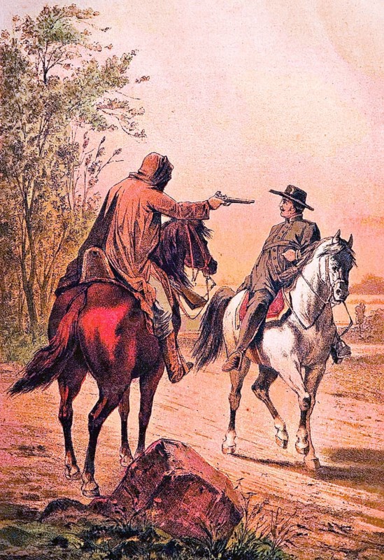 Robbery in the open countryside, dangerous encounter between a Quaker and a highwayman on horseback, grey horse, rider, member of a Christian community, threat with a pistol, robbery, coloured drawing, historical illustration 1877
