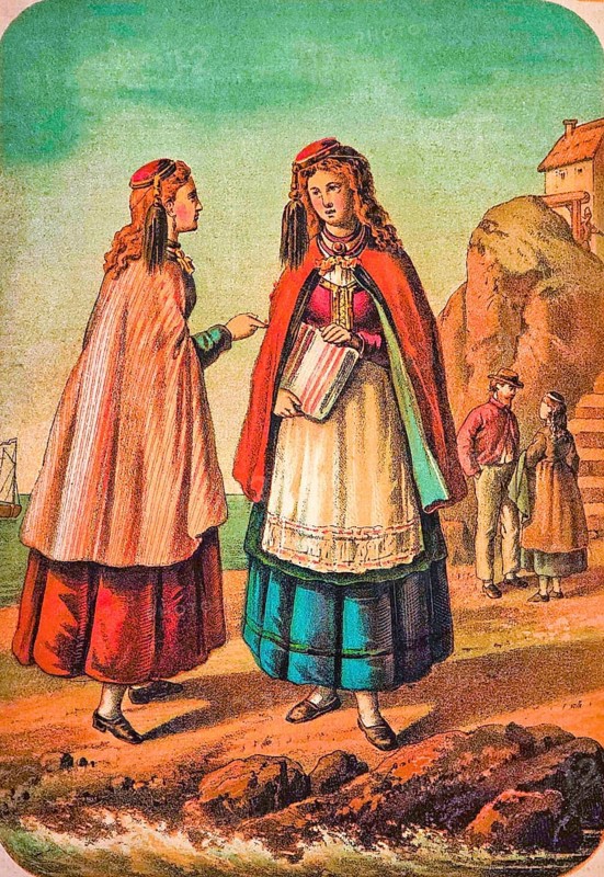 Icelandic woman in traditional traditional costume, headgear, apron, cloak, dress, holding paper in her hands, possibly a certificate, man and woman in conversation, scene at the North Sea, rocky coast, stairs, house, Iceland, coloured drawing, historical illustration 1877