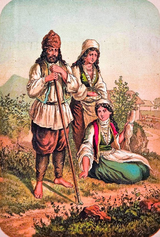Bulgarian man and two woman working in the field, agriculture, farm, traditional clothing, smock, headscarf, dress, cap, barefoot, spindle, rake, bed, serious look, coloured drawing, Bulgaria, historical illustration 1877