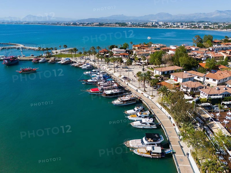 Harbour full of boats and yachts along a palm-lined promenade by the sea, aerial view, harbour, Side, Manavgat, Antalya province, Turkey