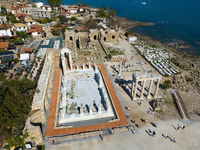 Ancient ruins near the coast with remains of a temple, historical ambience, aerial view, Temple of Apollo, Side, Manavgat, Antalya province, Turkey