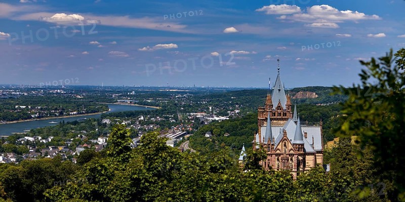 Drachenburg Castle overlooking the Rhine Valley, Siebengebirge, Königswinter, North Rhine-Westphalia, Germany