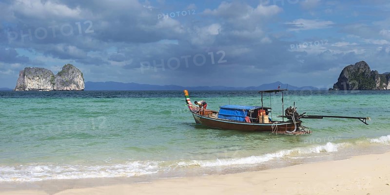 Longtail boat on the beach, Koh Ngai Island, Andaman Sea, Satun Province, Southern Thailand, Thailand