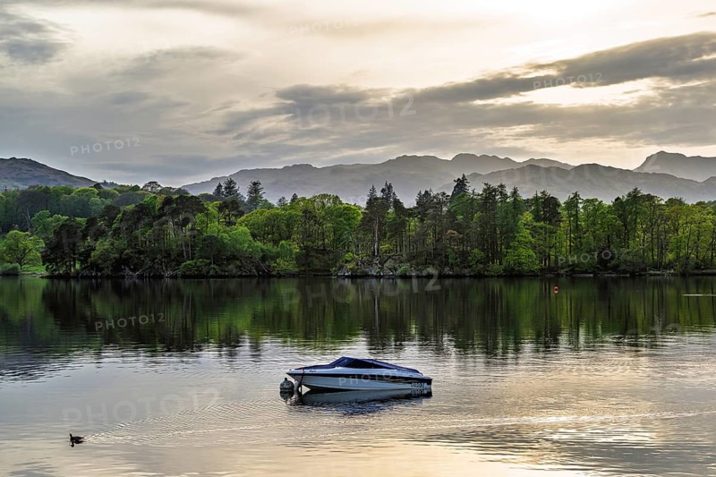 Boats on Windermere Lake and mountains, Ambleside, Lake District, Cumbria, England, United Kingdom