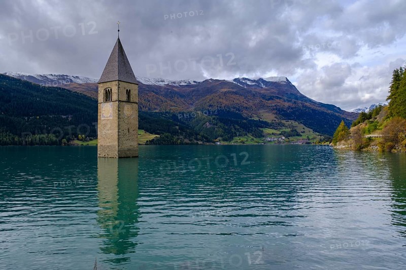 Church tower in Lake Reschen, Graun, Reschen, Vinschgau, South Tyrol, Alto Adige, Italy